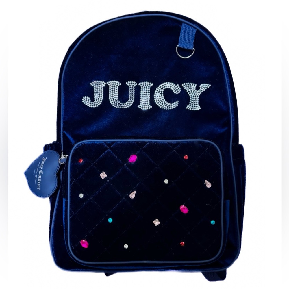 NEW - Juicy Couture Navy Blue Velvet Backpack School Bag with Rhinestones Gem